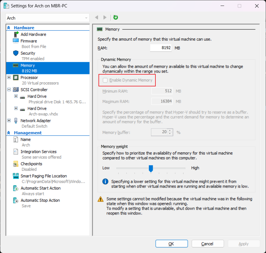 Disable dynamic memory hyperv
